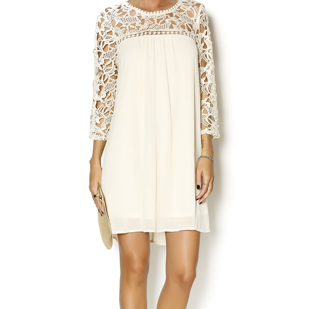 Blu Pepper Cream 3/4 Length-Sleeve Lace Dress